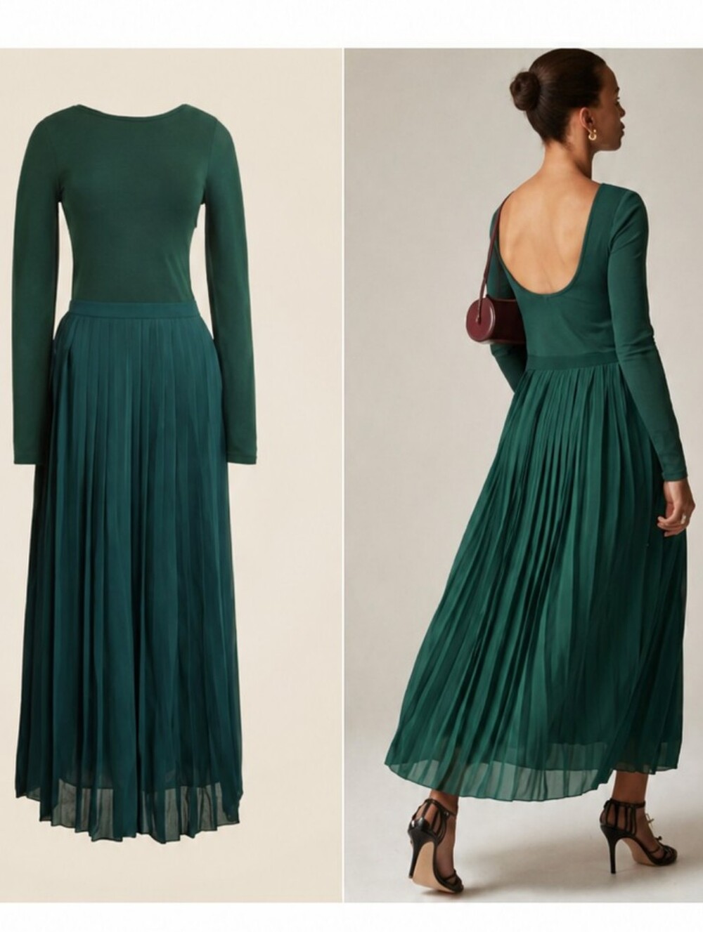 J.Crew Pleated Ballet Maxi Dress Green Scoop Back Long Sleeve Midi XS